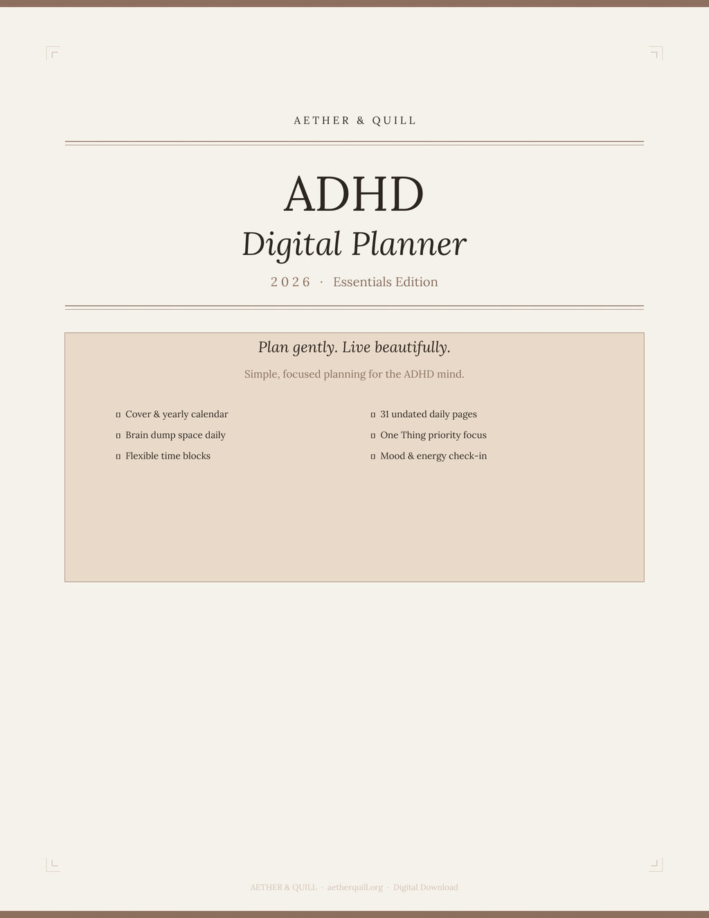 ADHD Digital Planner 2026 — Essentials Edition | Aether & Quill