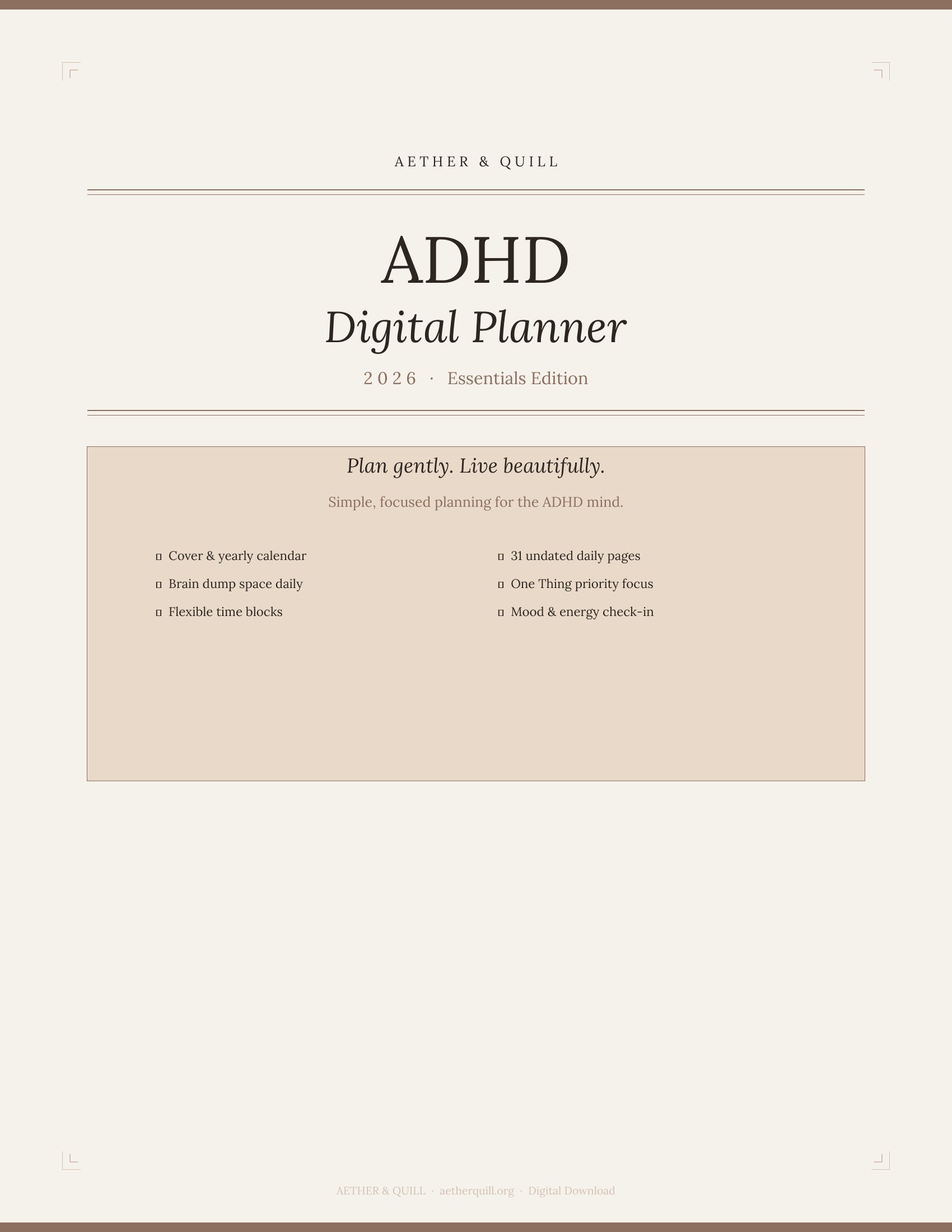 ADHD Digital Planner 2026 — Essentials Edition | Aether & Quill